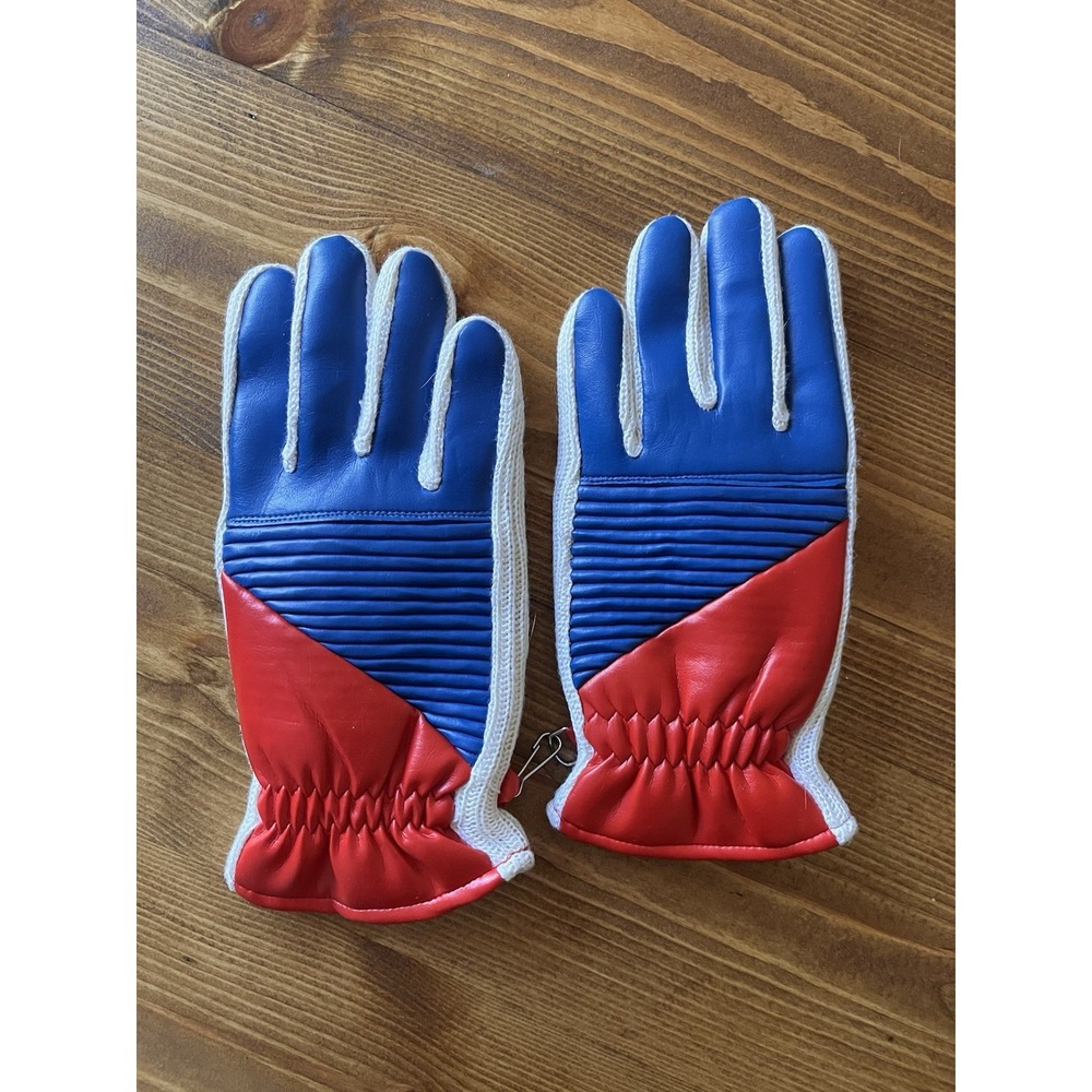Vintage 70s Ladies Vinyl Winter Gloves Red White Blue